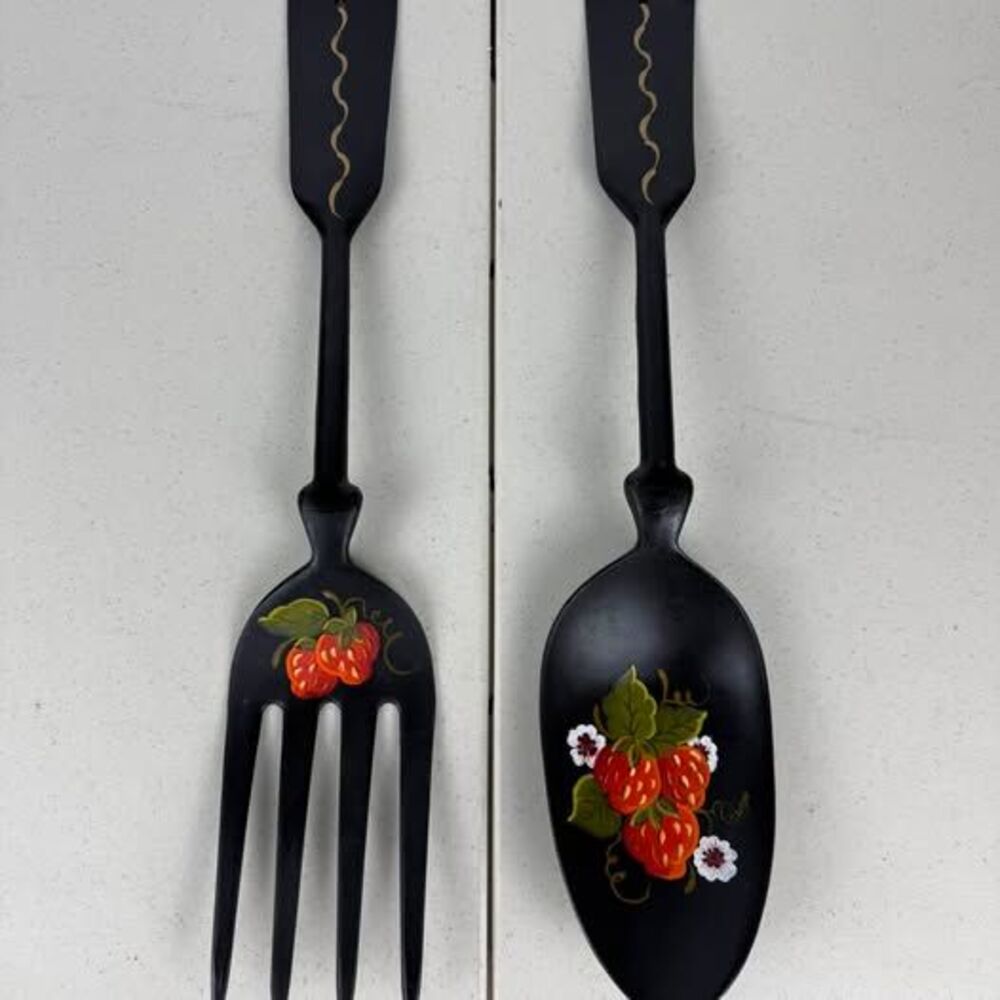 Vintage Hand-Painted Strawberry Decorative Fork and Spoon Wall Decor